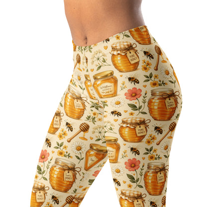 Honey jar print leggings with bees, flowers, and warm amber accents