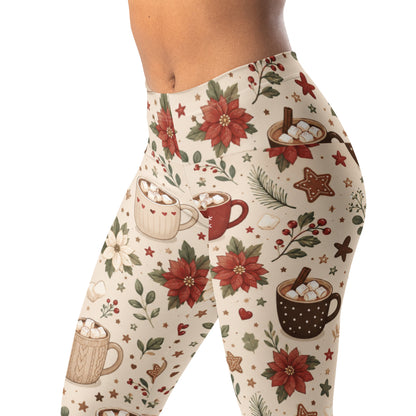 Cozy cocoa leggings with mugs, marshmallows, stars, and winter florals
