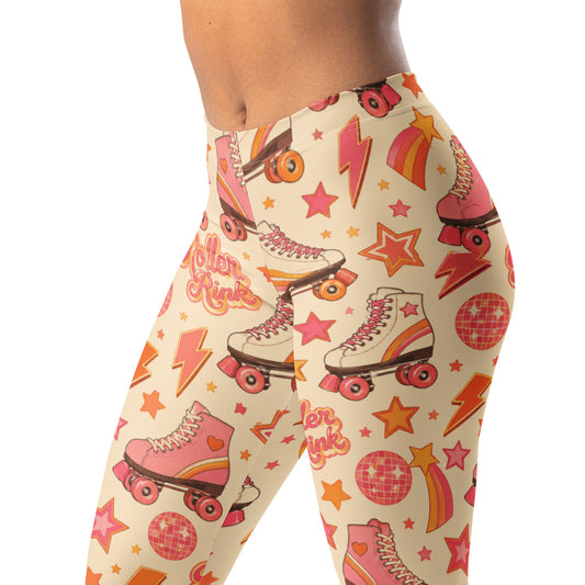 Retro roller rink leggings with playful design in pink and orange