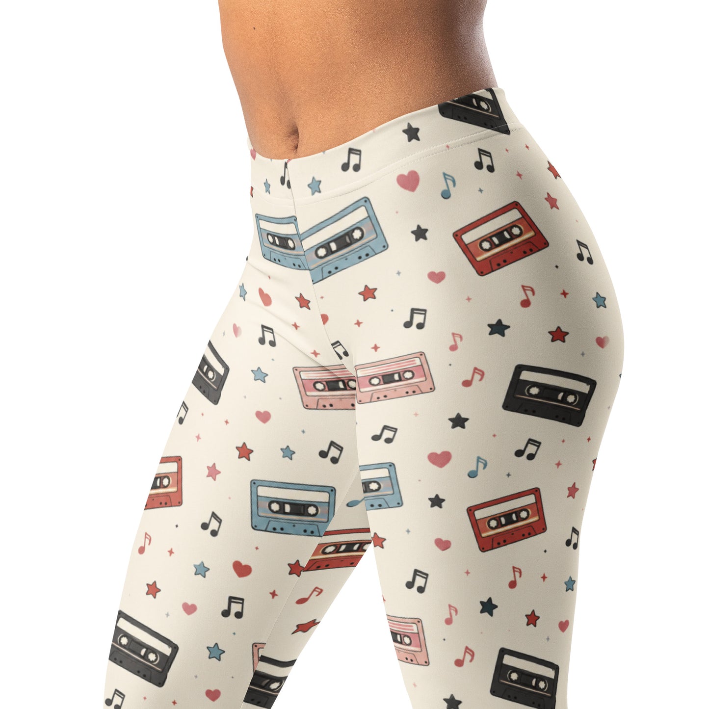 Cassette tape nostalgia leggings with tiny cassettes, stars, hearts, and music notes