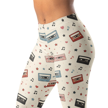 Cassette tape nostalgia leggings with tiny cassettes, stars, hearts, and music notes