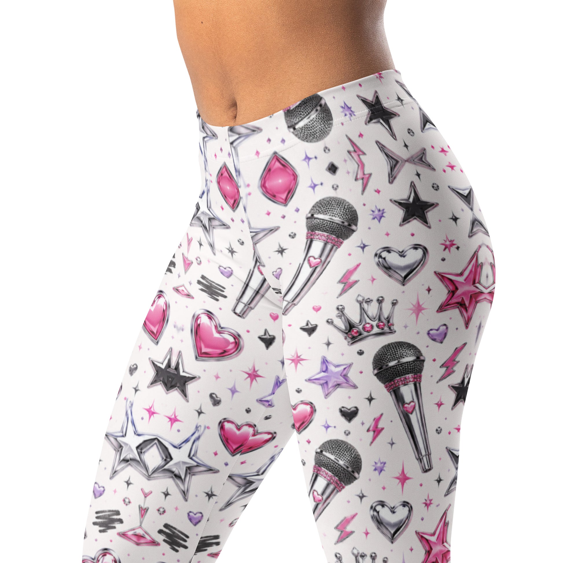 Pop Star Sparkle Leggings with Microphones, Stars, Hearts and Chrome-Inspired Details