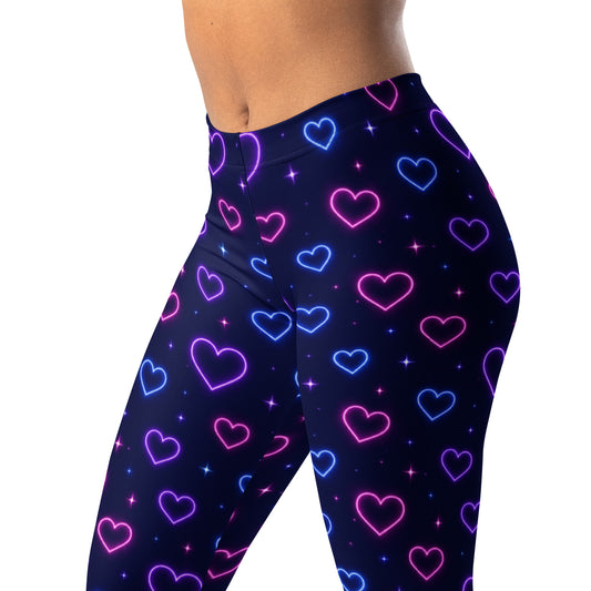Neon outline hearts on dark navy leggings with four-way stretch
