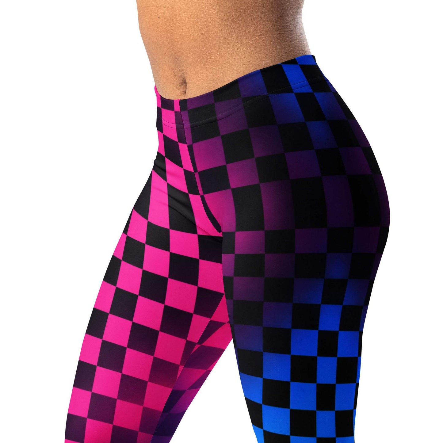Neon checker fade leggings in pink, blue, and black