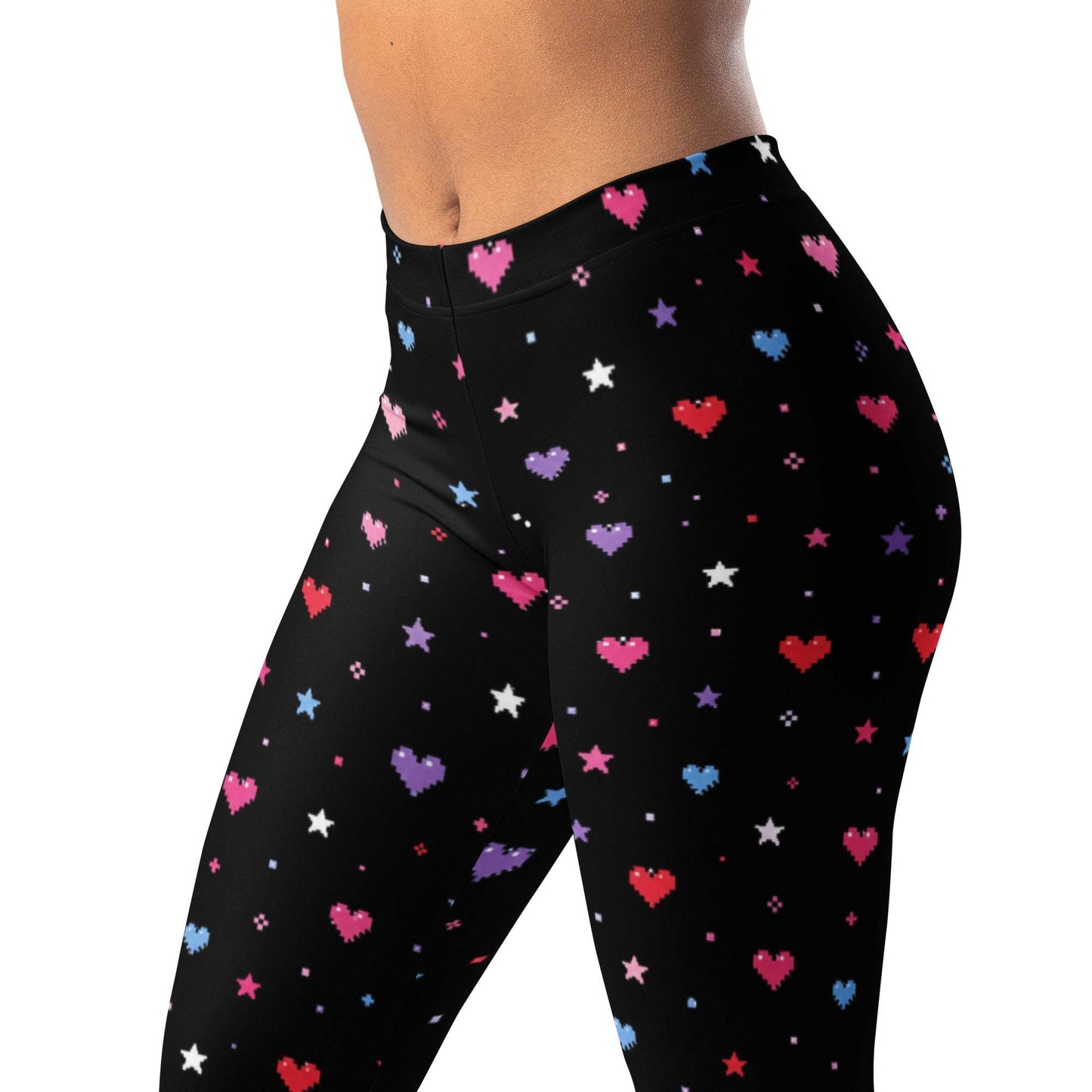 Pixel heart scatter leggings with tiny hearts and stars on cream or black