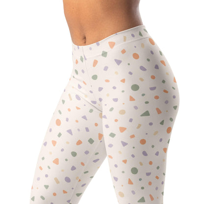 Soft geometric confetti leggings in peach, sage, lavender, and cream