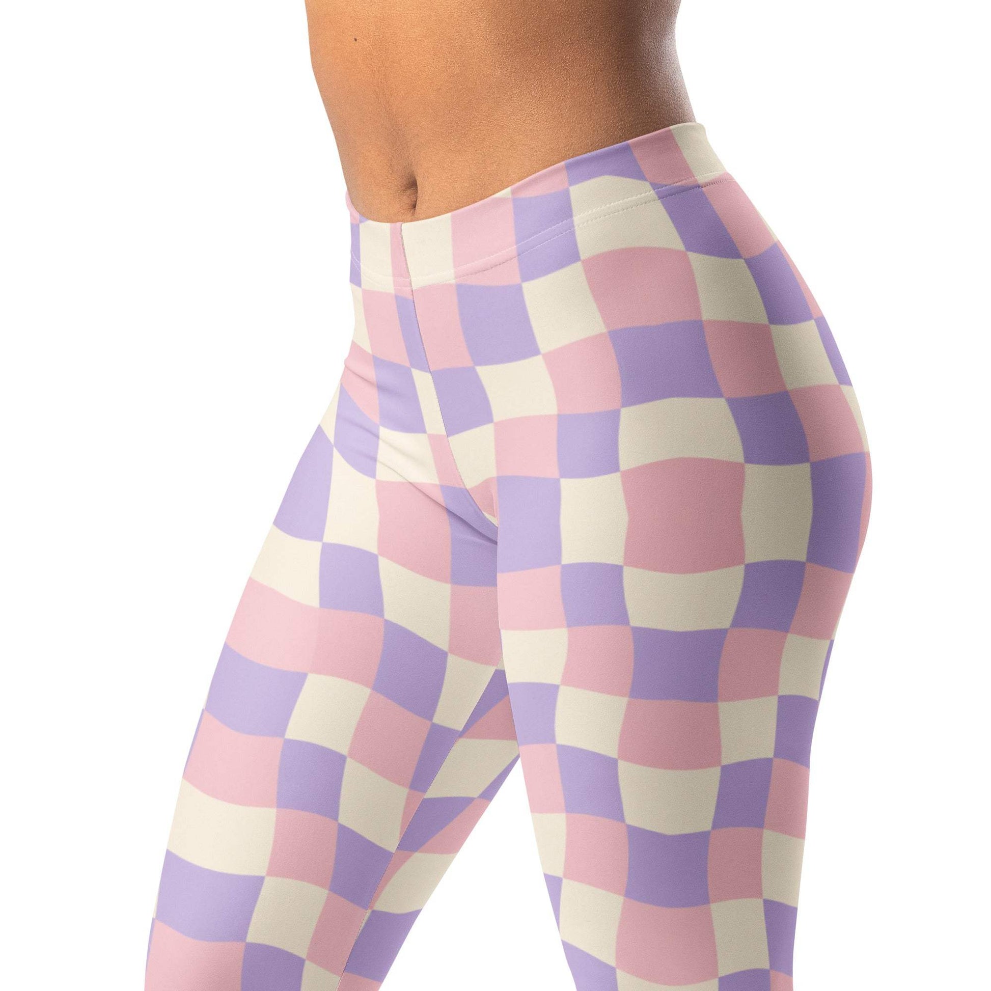 Wavy checker pastel leggings in lavender, cream, and blush