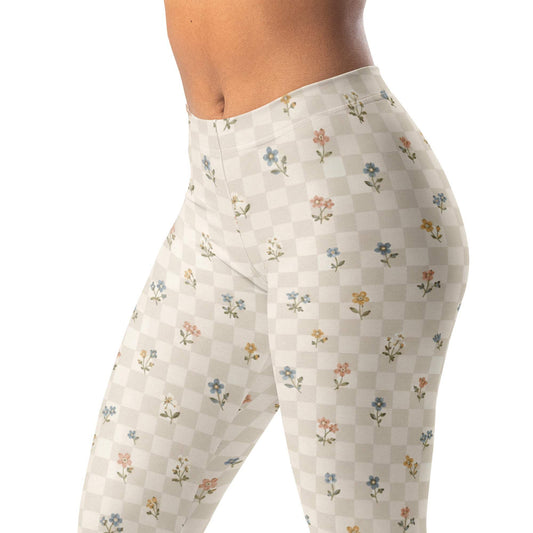 Checker floral overlay leggings with small flower pattern