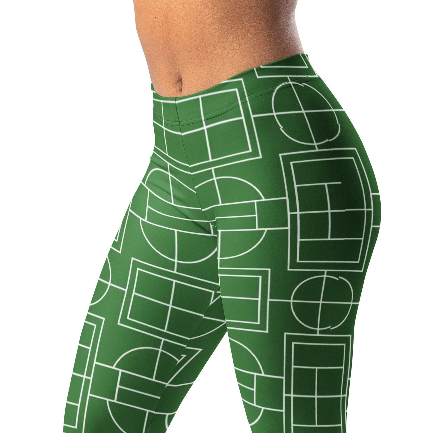 Green and white tennis court inspired leggings with court line pattern