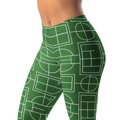 Green and white tennis court inspired leggings with court line pattern