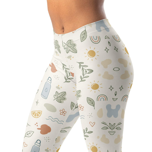 Whimsical water bottle leggings with minimal line icons