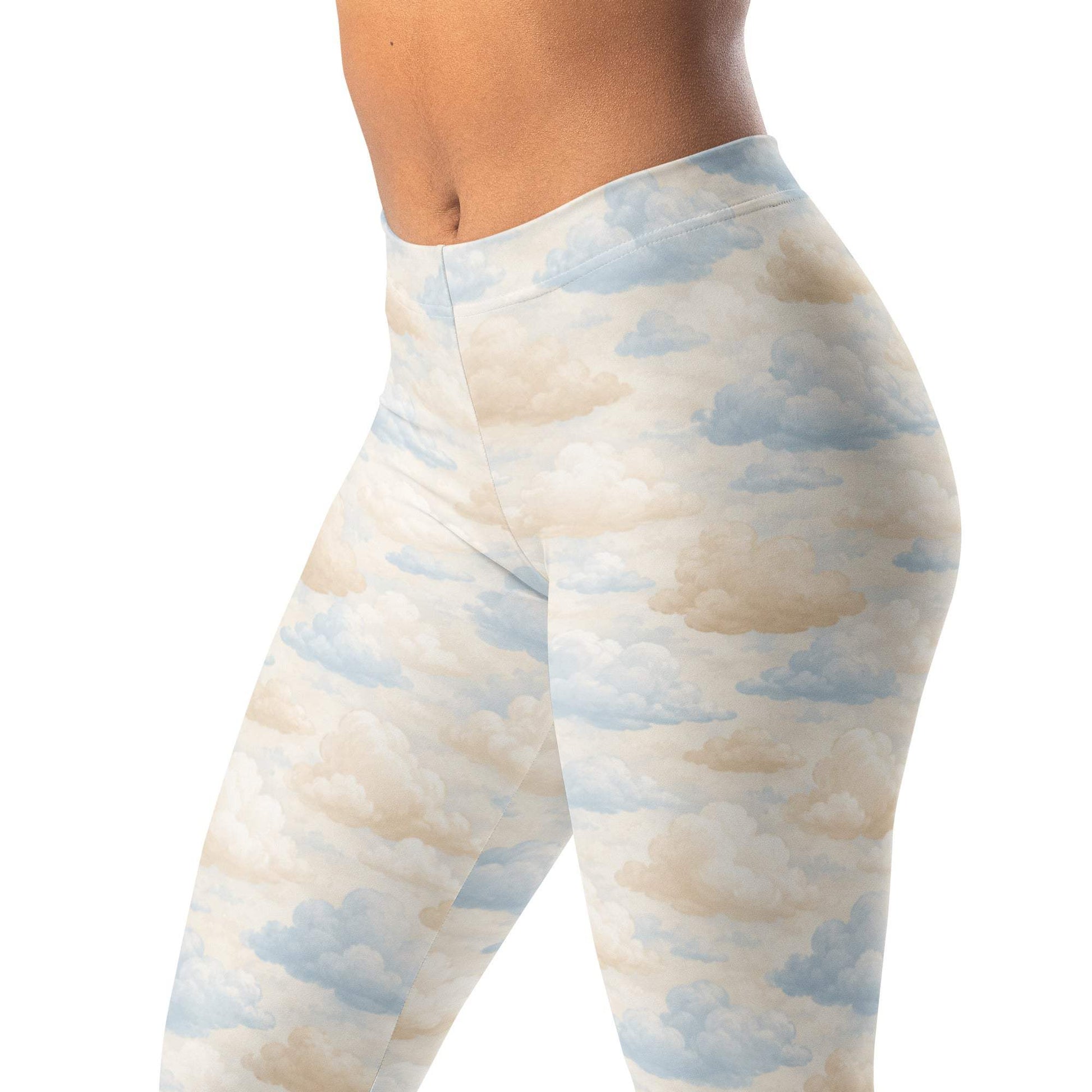 Calm cloud print leggings with fluffy cloud design in cream, beige, and pale blue
