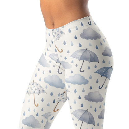 Rainy day leggings with raindrops, umbrellas, and soft gray-blue tones