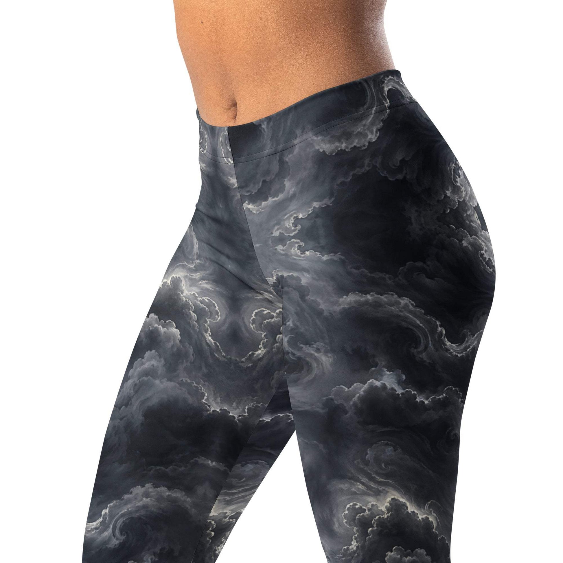 Storm Cloud Abstract Leggings with Dark Swirling Design and Silver Highlights