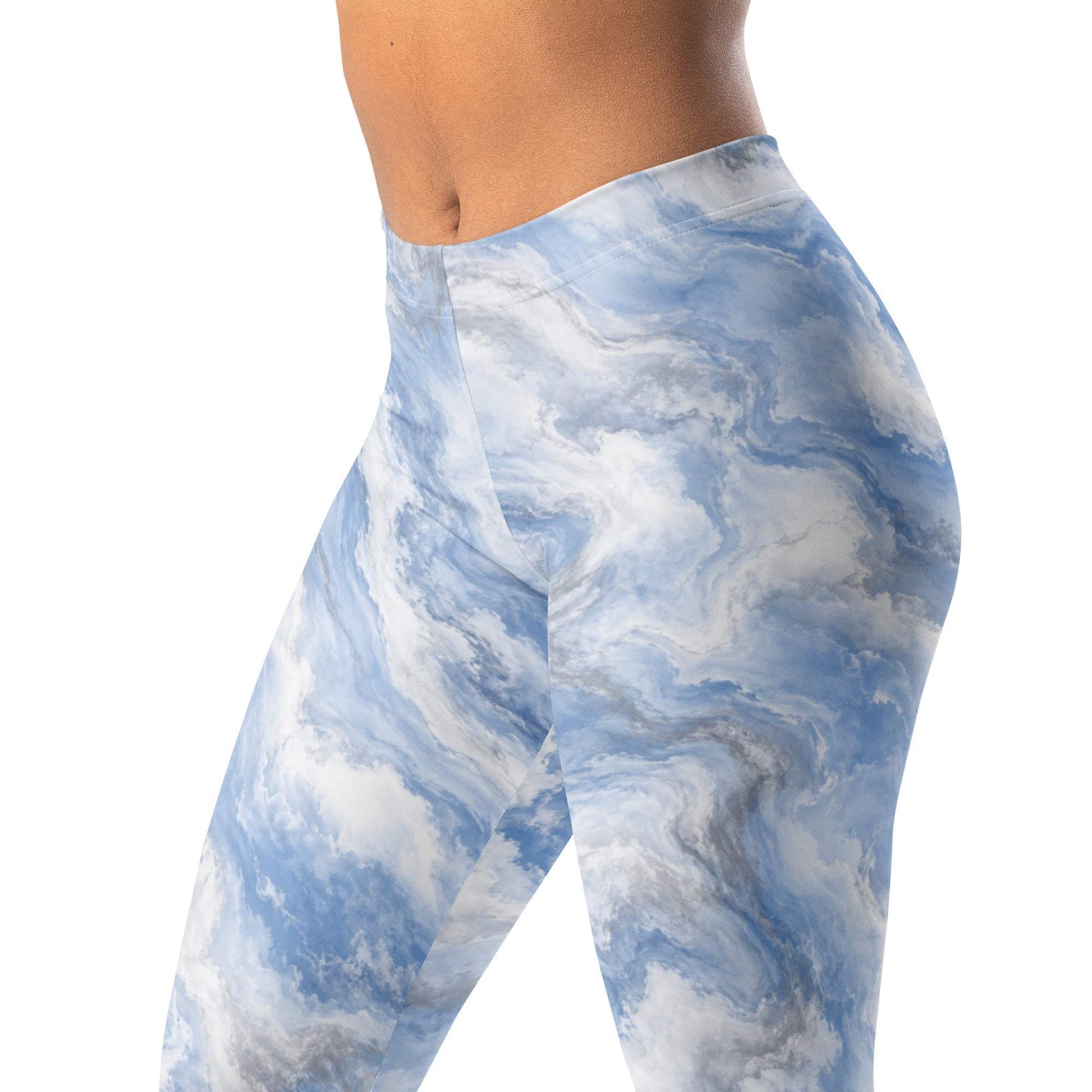 Sky blue, white, and gray cloud marble leggings with airy swirls