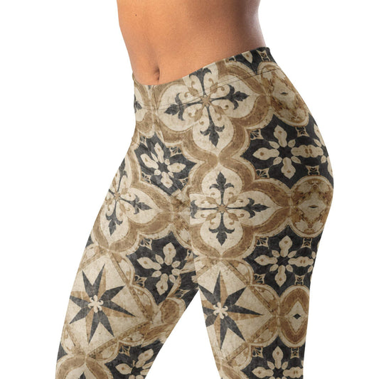 Ancient tile neutral leggings with old-world motifs in tan, charcoal, and cream