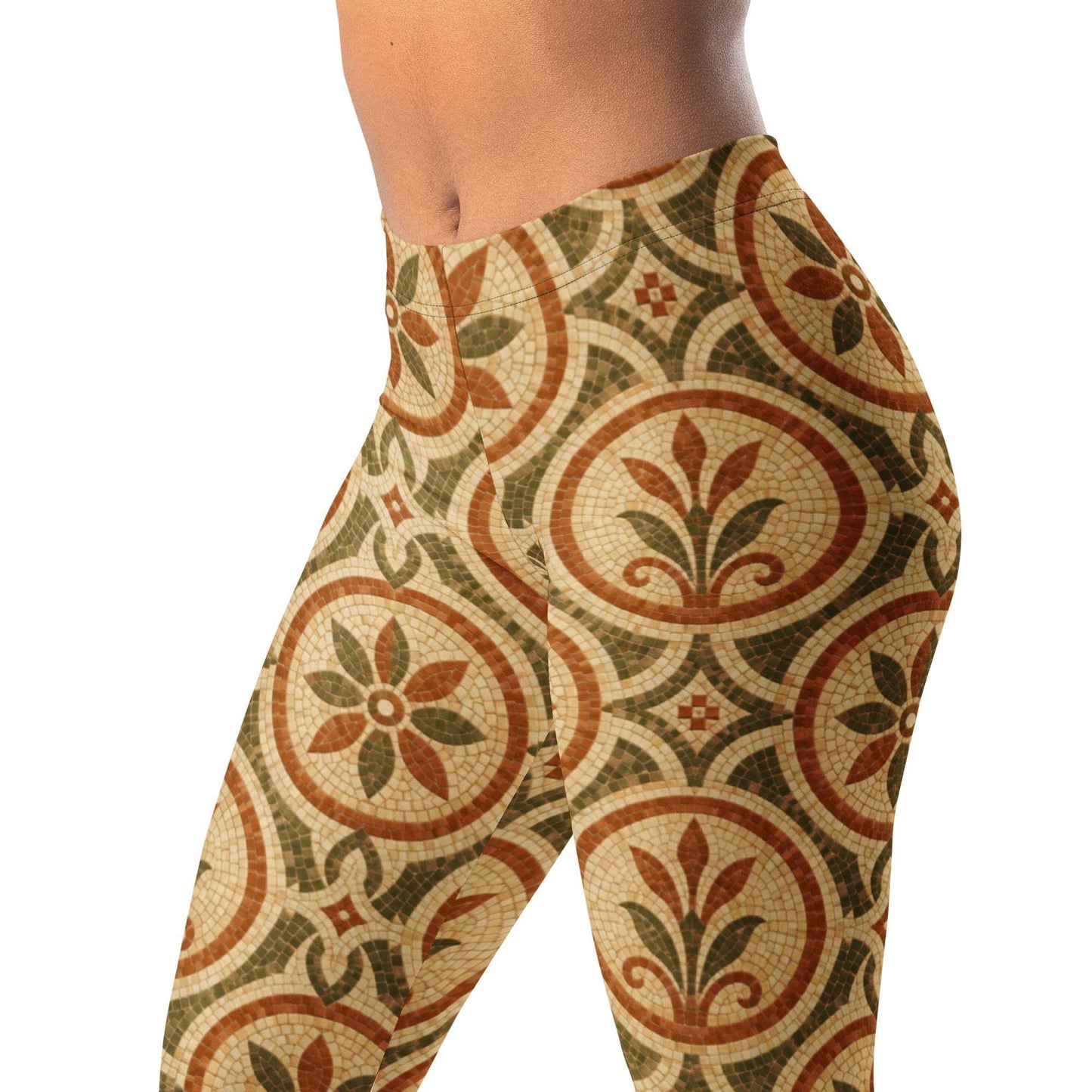 Roman mosaic leggings with terracotta, sand, olive, and cream blocks