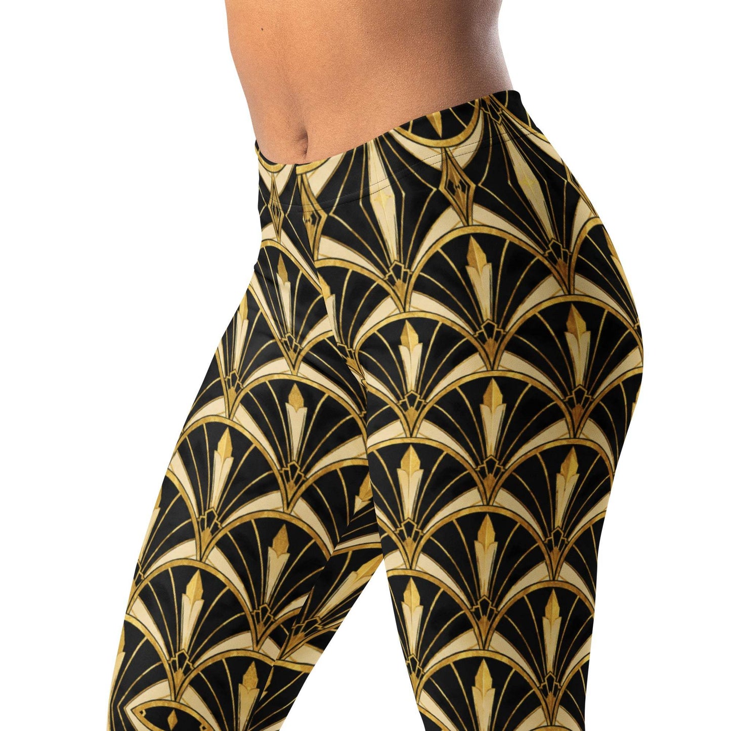 Art deco fan leggings in black, gold, and ivory