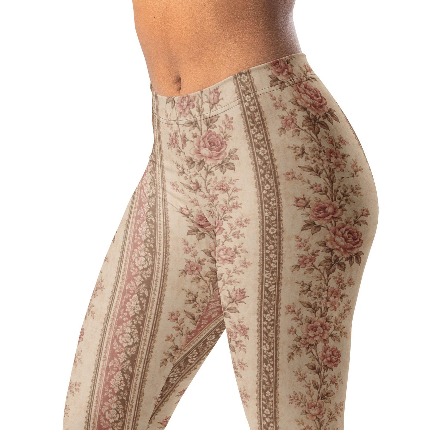 Vintage wallpaper stripe leggings in dusty rose and brown