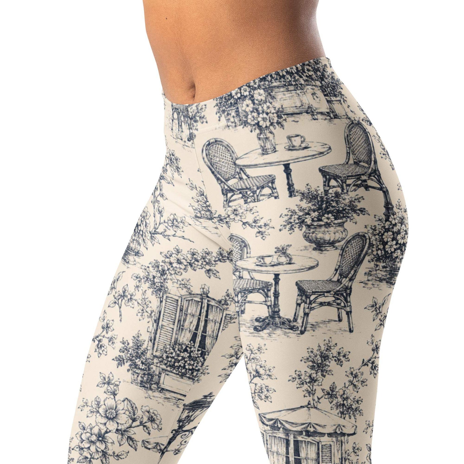 French cafe toile leggings with Paris-inspired line art and coffee theme