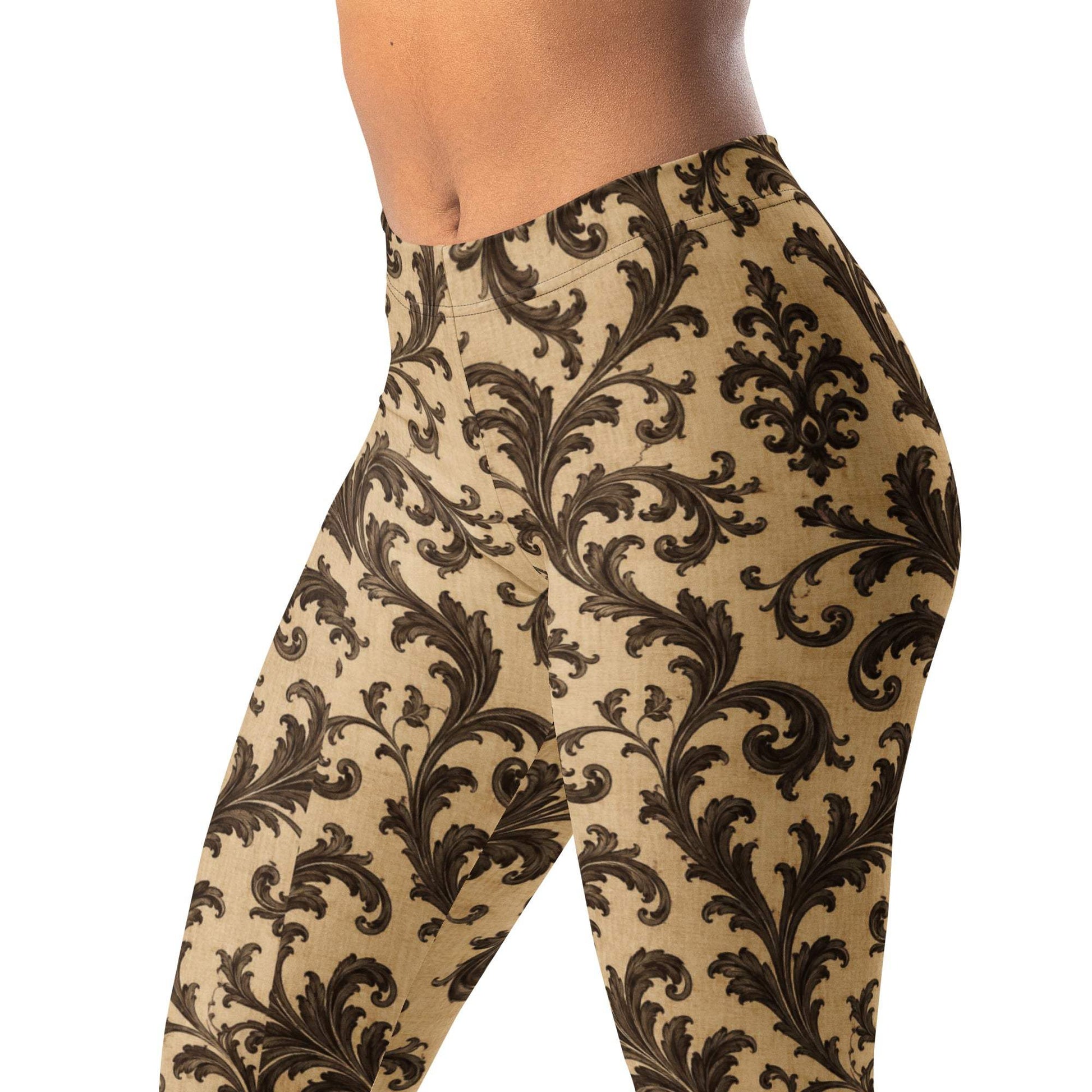 Baroque vine espresso on beige leggings with ornate vines and scrolls