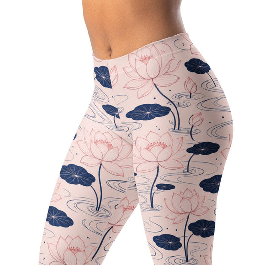 Lotus Linework Leggings with Blush and Navy Floral Design