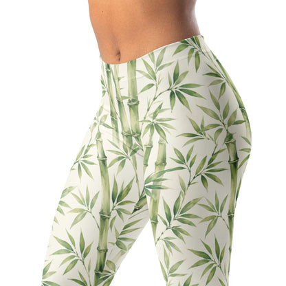 Bamboo garden leggings: soft green bamboo stalks and leaves on ivory