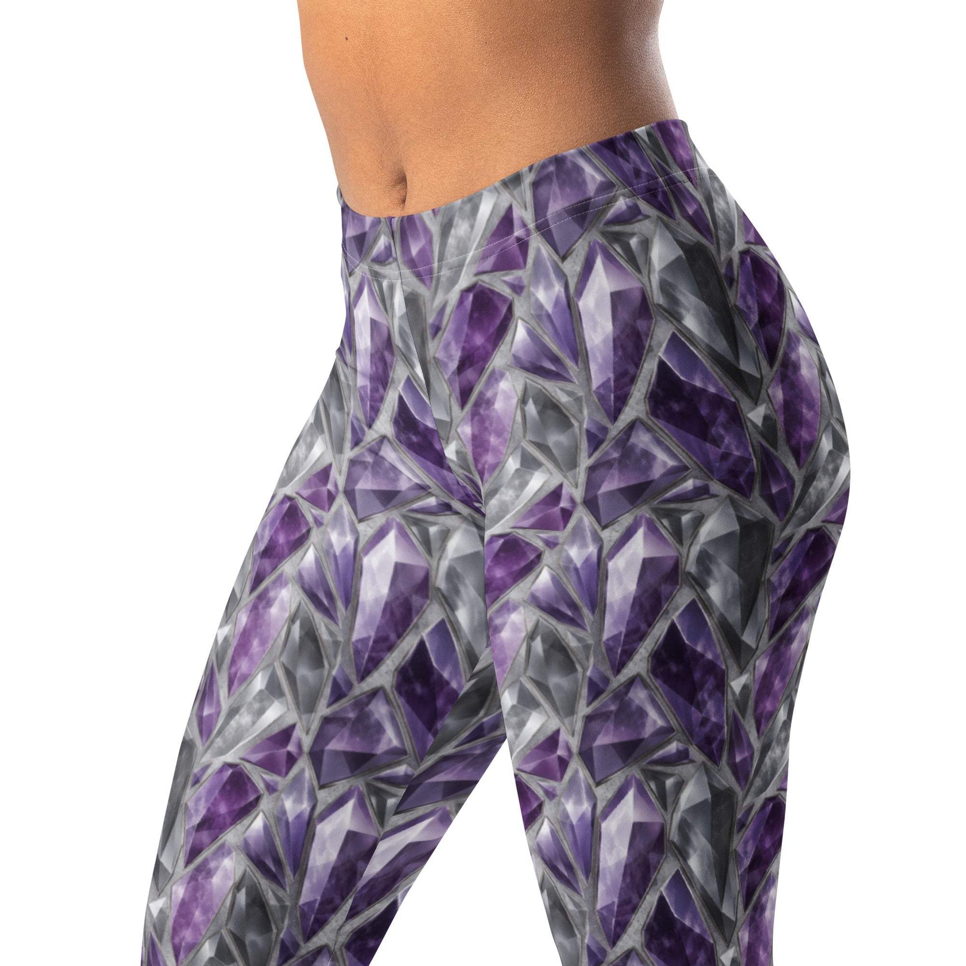 Crystal shard leggings with faceted gem shapes in amethyst, gray, and silver
