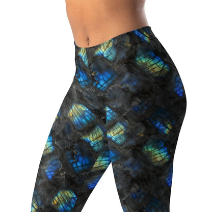 Labradorite flash leggings with dark stone texture and teal & gold flashes