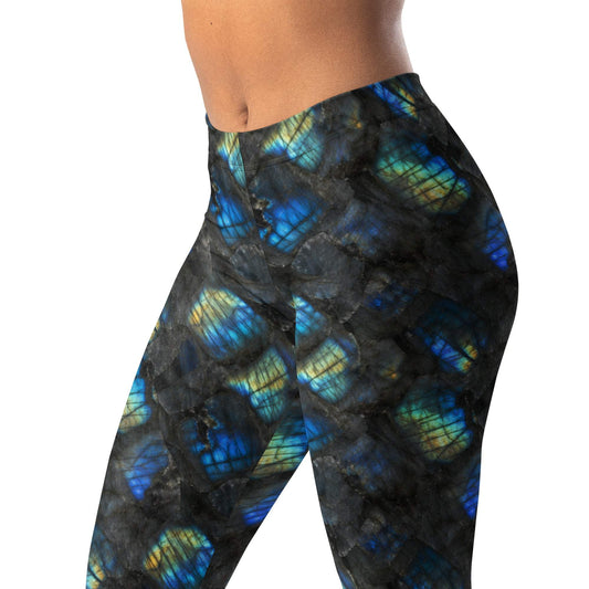 Labradorite flash leggings with dark stone texture and teal & gold flashes
