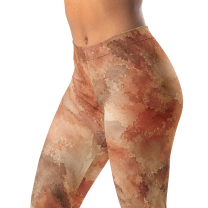 Clay mineral wash leggings with watercolor stains in earth tones
