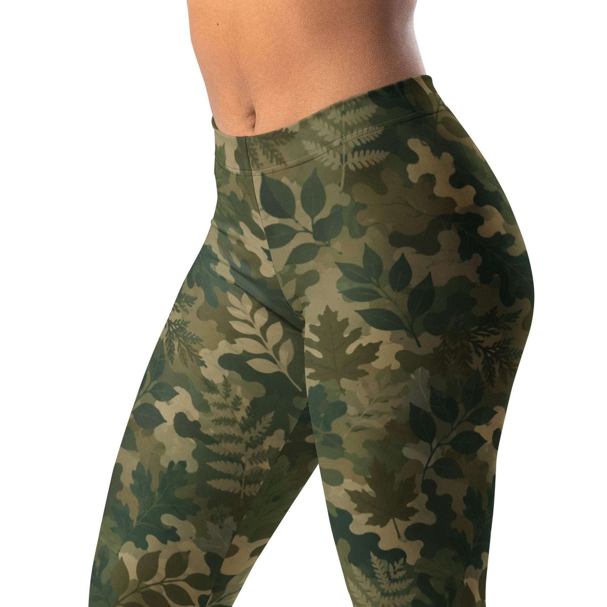 Forest camo botanical leggings with leaf silhouette print