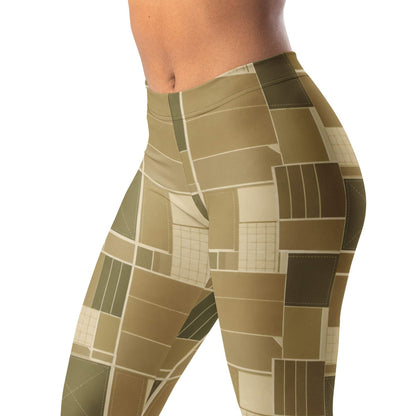 Earthy Utility Grid Khaki Leggings with Cargo-Inspired Shapes