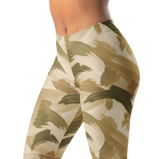 Khaki abstract brush leggings with loose brushstroke pattern