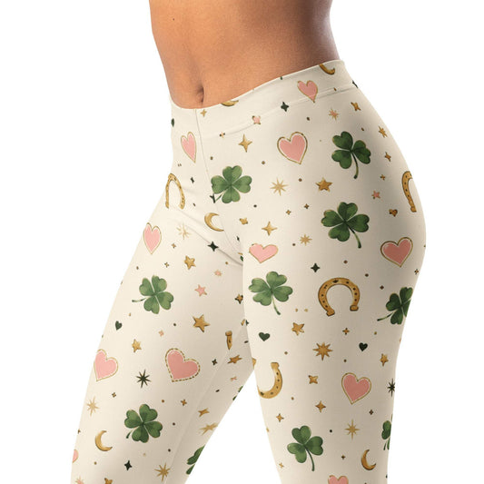 Lucky charm print leggings with hearts, clovers, stars, and moons
