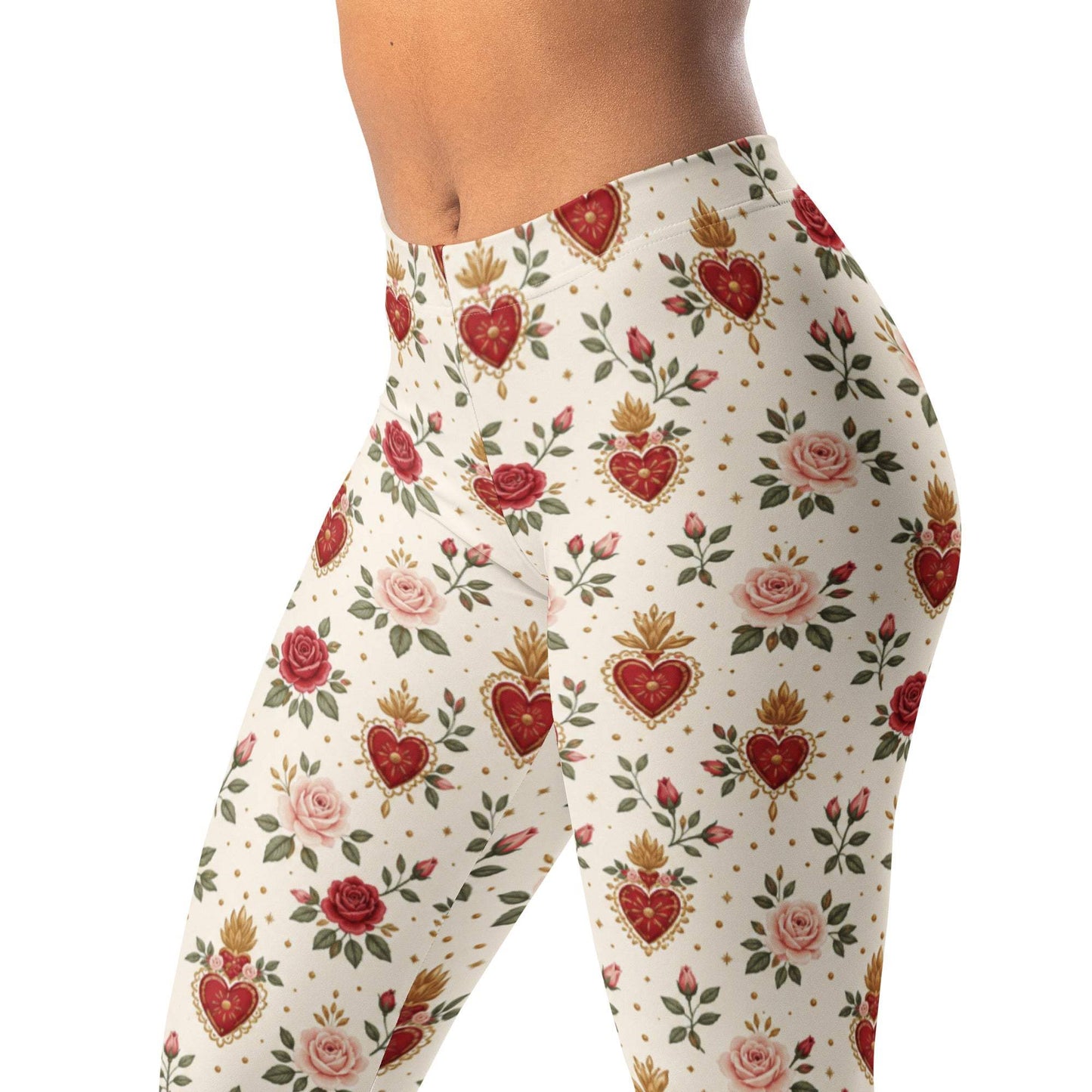 Sacred Heart Garden Leggings with Small Hearts, Roses, and Dots Design