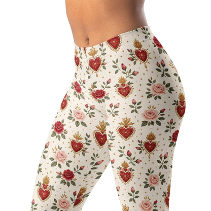 Sacred Heart Garden Leggings with Small Hearts, Roses, and Dots Design
