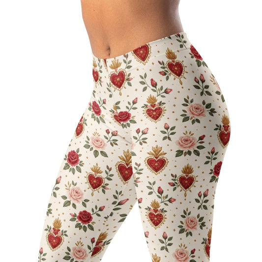 Sacred Heart Garden Leggings with Small Hearts, Roses, and Dots Design