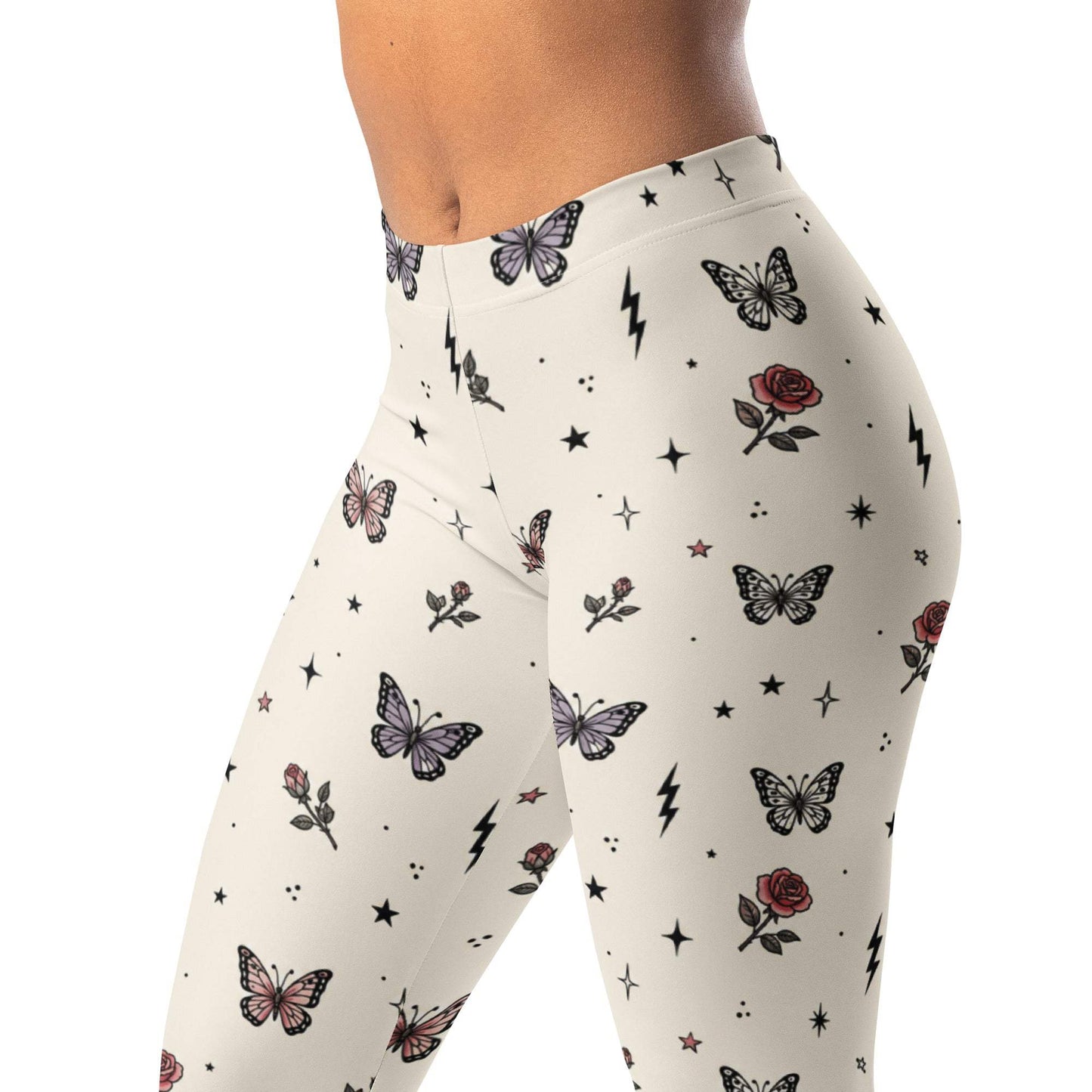 Tattoo-inspired leggings with butterfly, star, rose, and lightning design