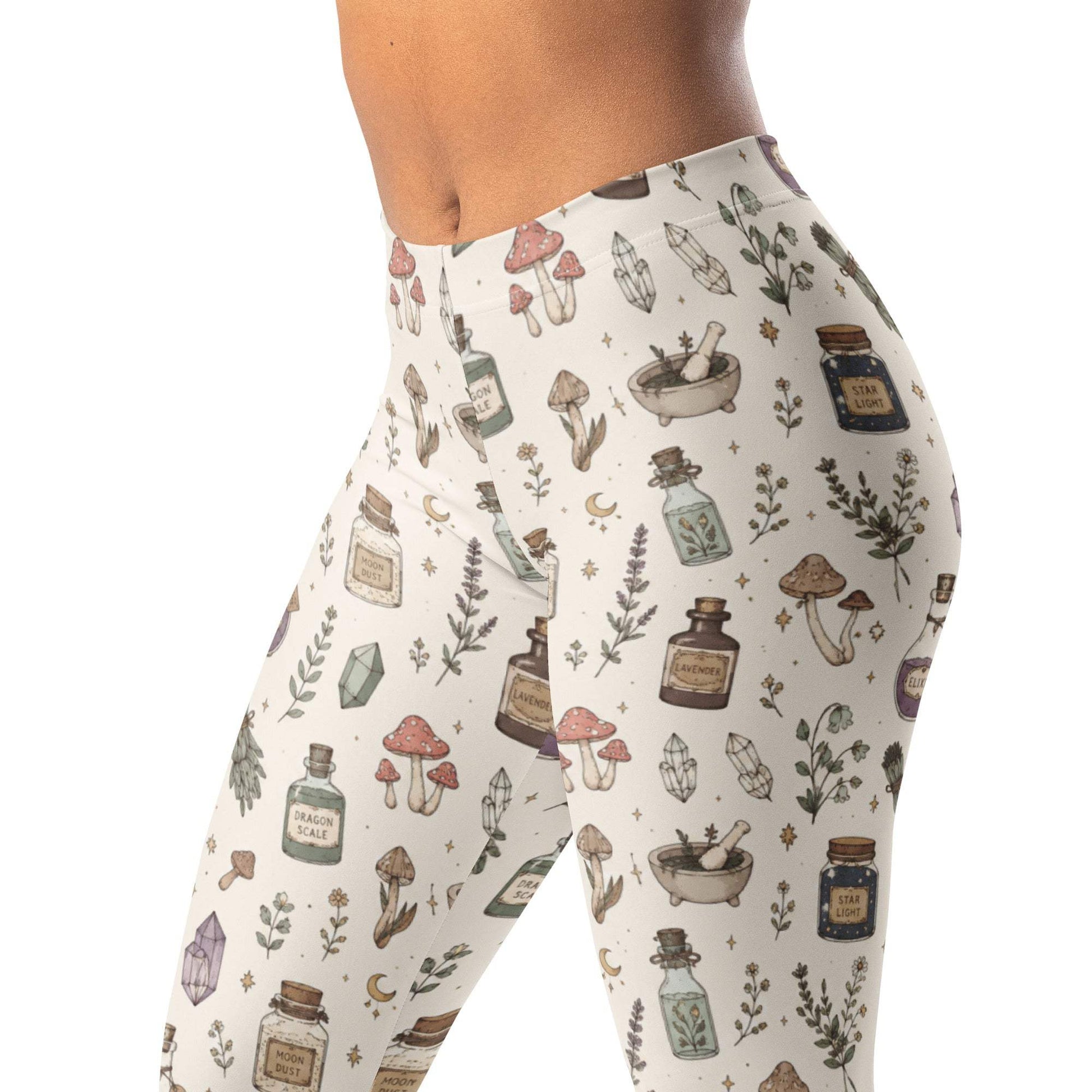 Mystical magic apothecary leggings with crystals, stars, mushrooms, and herbs print