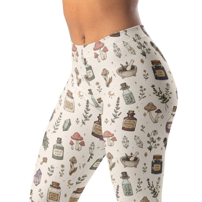 Mystical magic apothecary leggings with crystals, stars, mushrooms, and herbs print