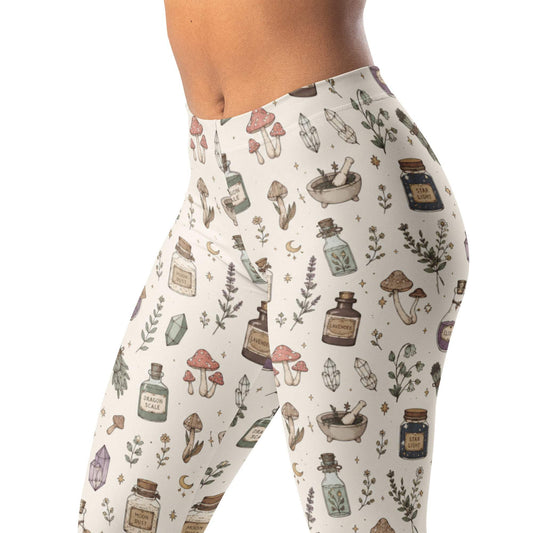 Mystical magic apothecary leggings with crystals, stars, mushrooms, and herbs print