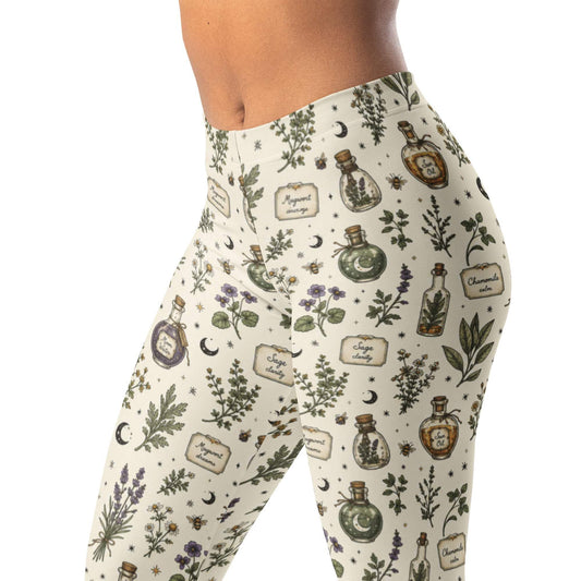 Witchy herb print leggings with moons and potion bottles