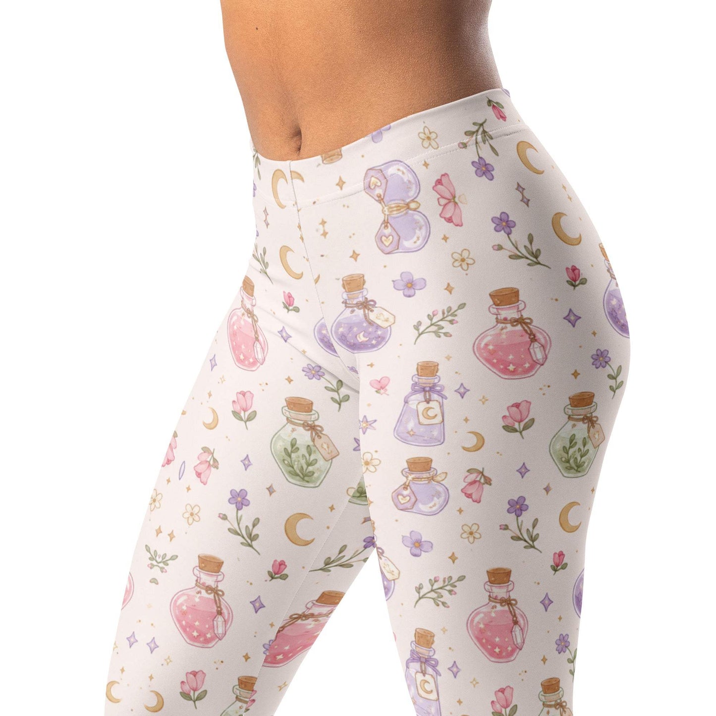 Potion bottle pastel leggings with tiny bottles, flowers, and moons print