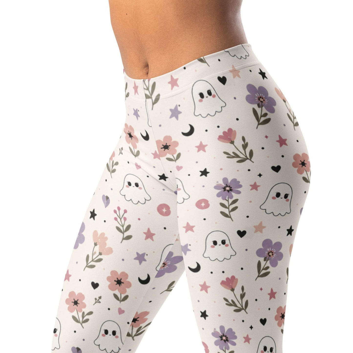 Spooky cute floral leggings with tiny ghosts, flowers, hearts, and stars print