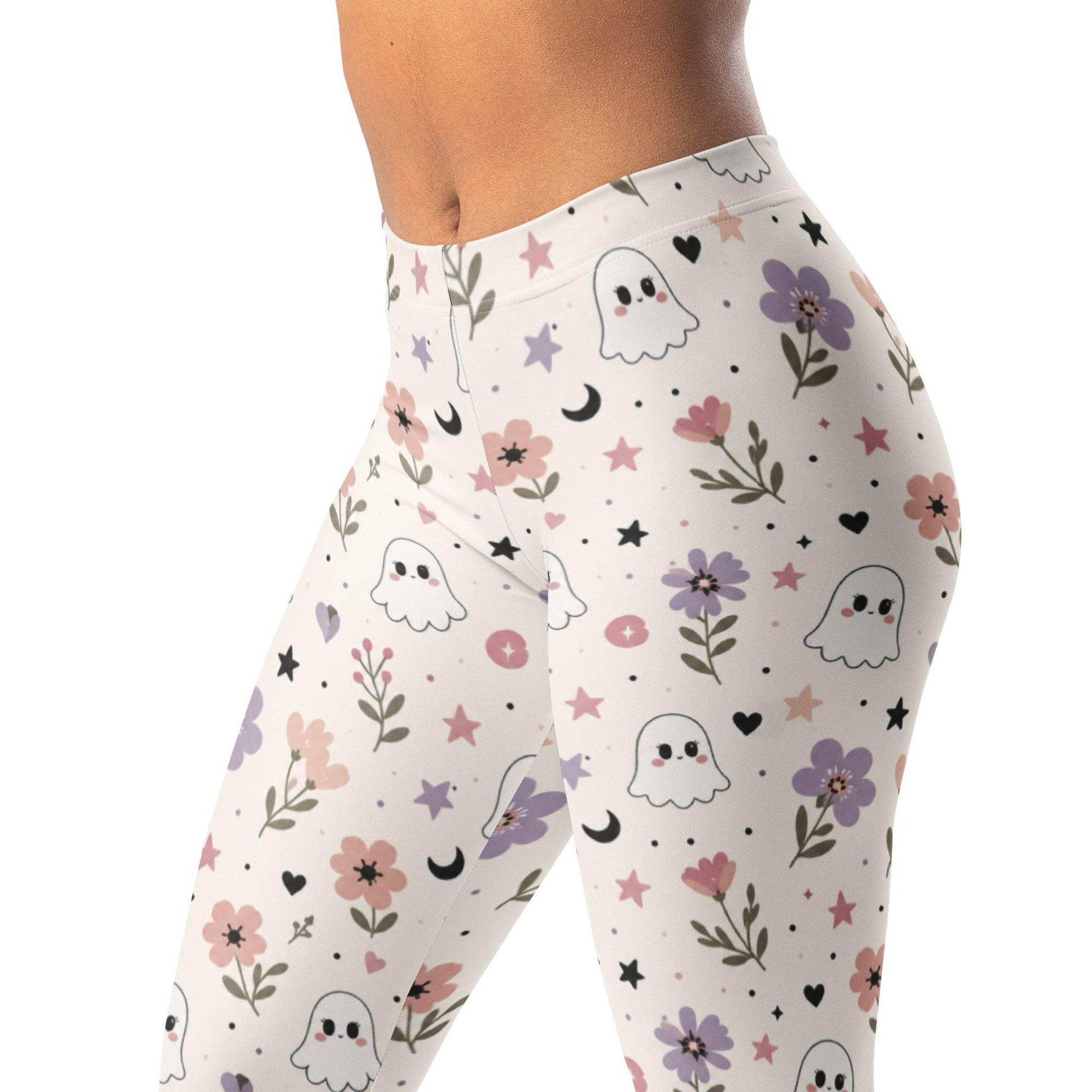 Spooky cute floral leggings with tiny ghosts, flowers, hearts, and stars print