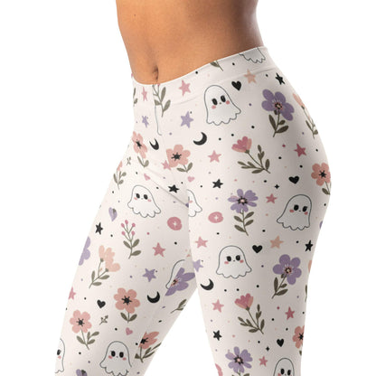 Spooky cute floral leggings with tiny ghosts, flowers, hearts, and stars print