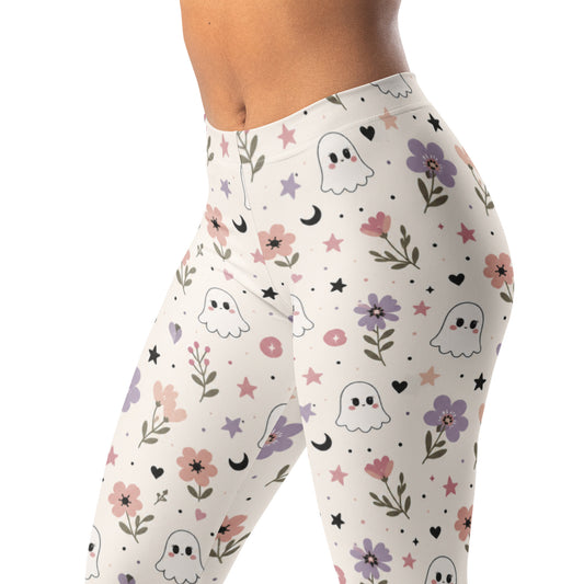 Spooky cute floral leggings with tiny ghosts, flowers, hearts, and stars print