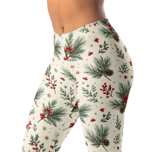 Winter Berry Pine Leggings with Pine Sprigs, Berries, and Stars Print
