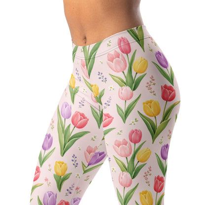 Spring tulip field leggings with floral print on pastel background